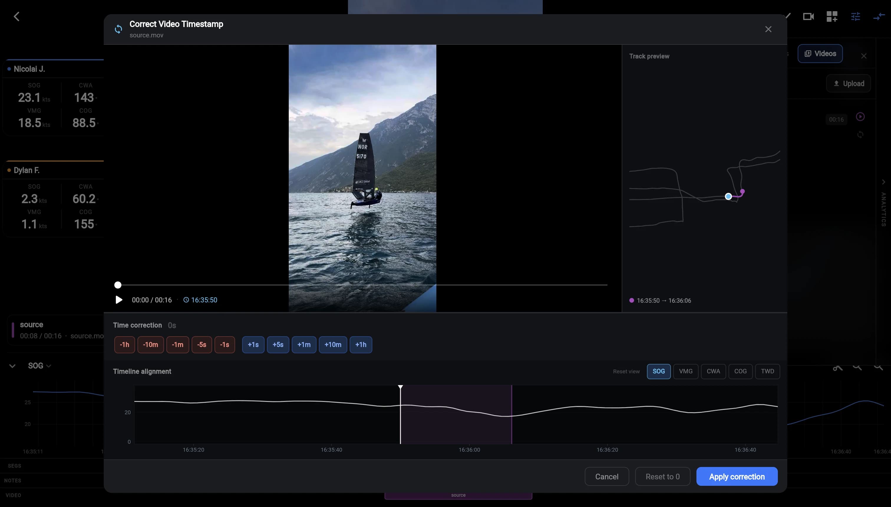 Correct Video Timestamp dialog with video, track preview and timeline alignment