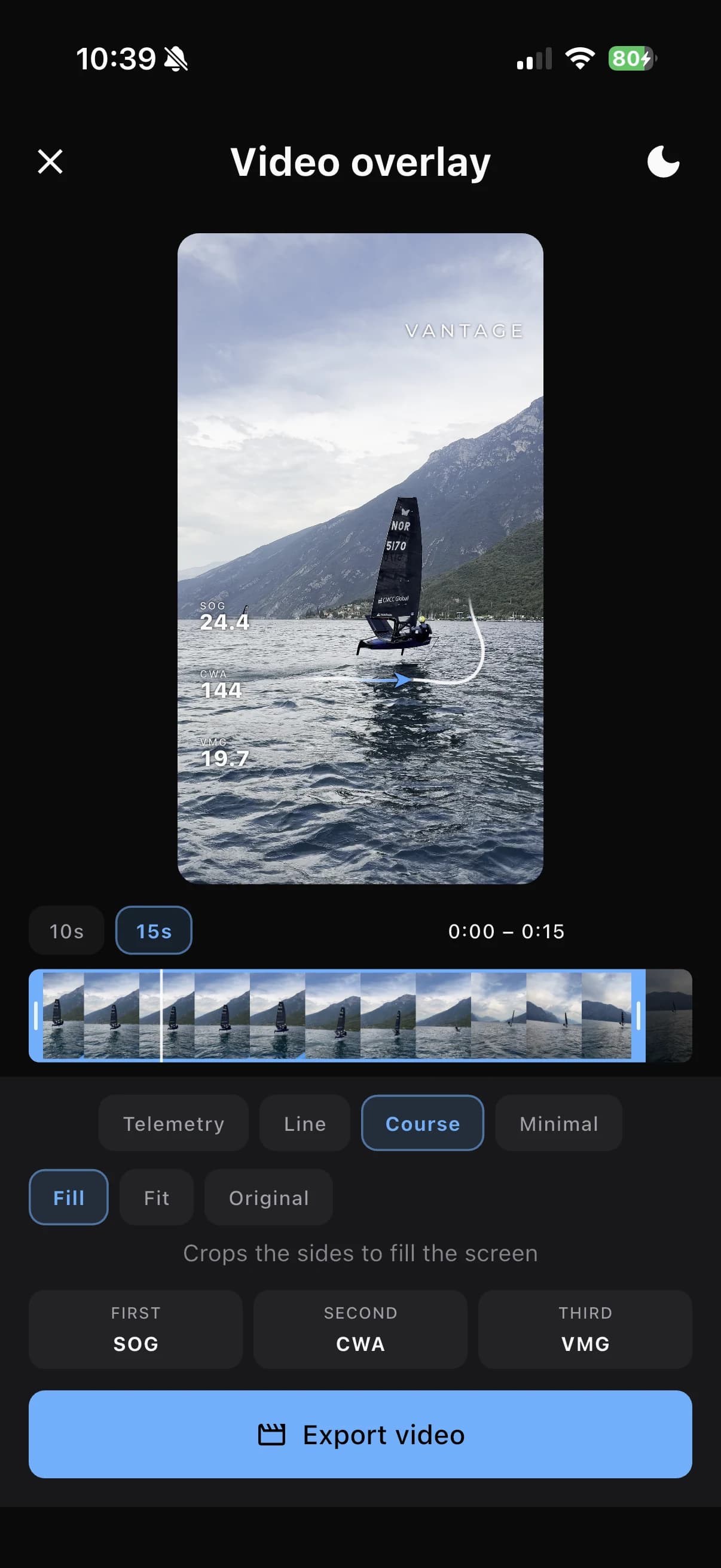 Mobile video overlay editor with Course style, clip timeline, metrics and Export video