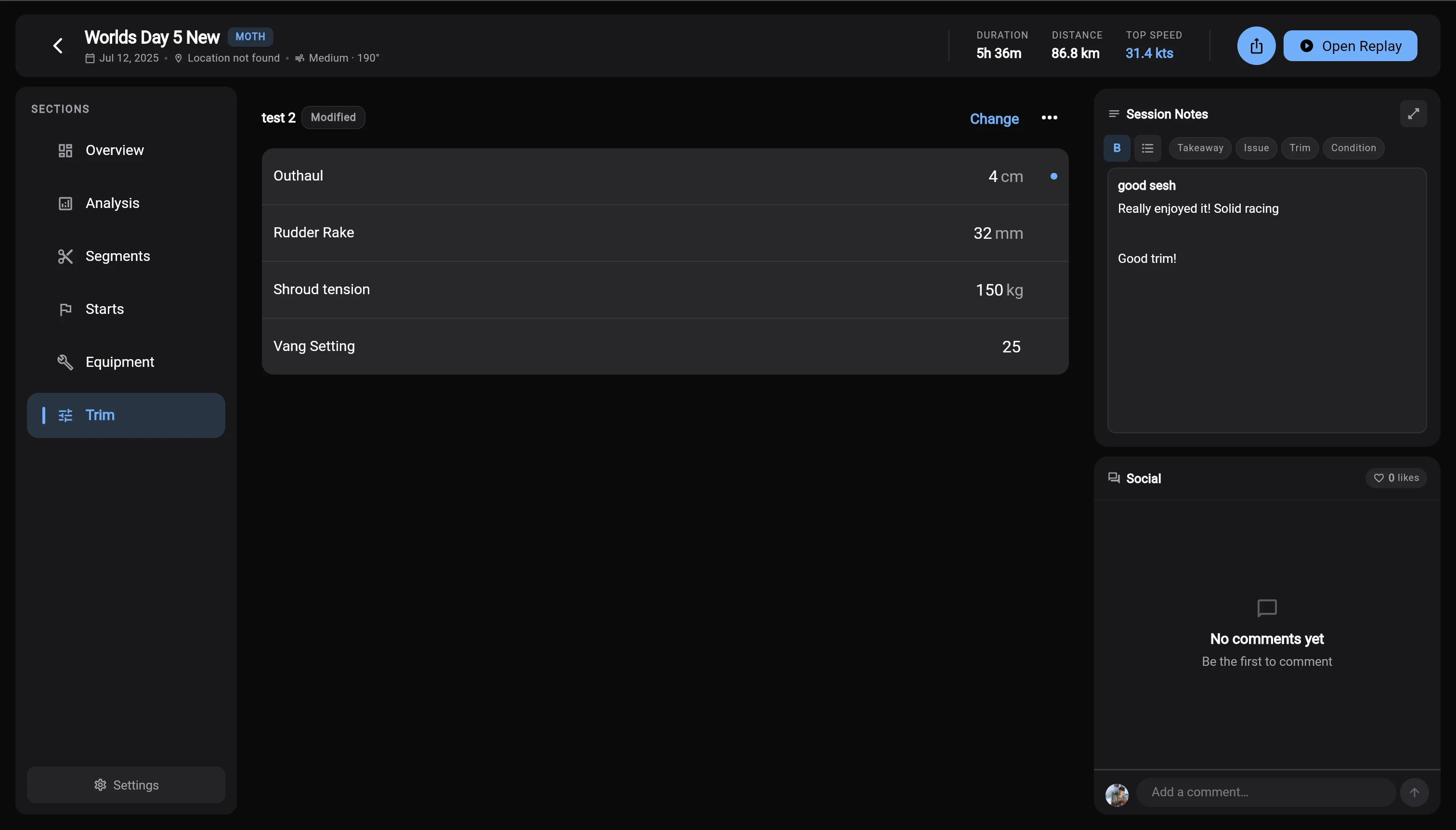 Activity Trim view with a modified profile and saved outhaul, rudder rake, shroud tension and vang settings